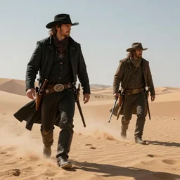 the man in black fled aross the desert, and the gunslinger followed. hyperrealistic, photorealistic, concept art, fantasy art, wild west, dungeons and dragons, d & d, mythical, mystical, magic, trending on artstation, digital illustration, cinematic lighting, 4 k, ultra hd, beautiful colors, highly detailed, intricate, octane render, unreal engine 5
