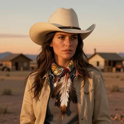 the shadow, a gorgeous woman, a native American feather scarf, beige cowgirl hat, western jacket and a bokeh western desert town background at sunset, highly detailed, concept art, hard light digital painting, artstation, concept art, sharp focus, illustration, inspired by greg rutkowski and alphonse mucha and Frederic Remington