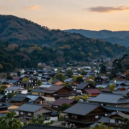 a traditional japanese village in the mountains at sunset by Adam Paquette