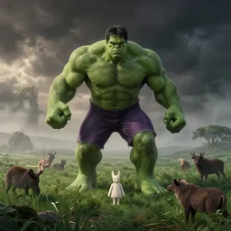 hulk hogan in the stranger things upside down world, realistic, photography, award winning, 8 k, wide shot, still frame from the princess mononoke film, overgrown grass, dramatic, animals, gloomy, volumetric light, ground mist, cinematic, filmic,