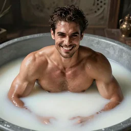 attractive muscular man with a creepy smile bathing in milk