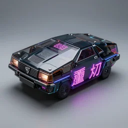photo of a box - shaped sci - fi flying vehicle made from dark glass and plastic surfaces in the style of peugeot prestige, neon kanji decals, studio lighting, product photo, bladerunner