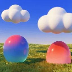 close - up view of 3 d shapes a surreal meadow with big puffy clouds in a blue sky. slick, retrofuturistic design. strong shadows. deep colorful soft gradients, and translucence. pre - 2 0 0 0 s era. vintage computer art, early computer graphics. by stanislaw fernandes and eyvind earle