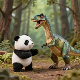 stop motion dynosaurus fighting a panda in the forest