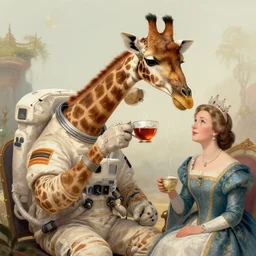 a giraffe dressed like an astronaut drinking tea with queen isabel, full image, trending on artstation, art by greg manchess, guangjian, detailed digital art, artstation hd