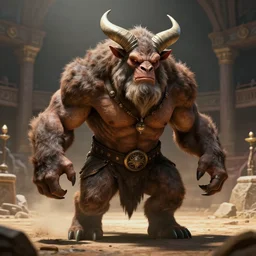 menacing looking minotaur, in an arena. Trending in Artstation, high detail, volumetric lighting, realistic
