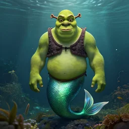 underwater portrait of shrek as the mermaid, apocalypse, naturel, hyper detailed, digital art, trending in artstation, cinematic lighting, studio quality, smooth render, unreal engine 5 rendered, octane rendered, art style by klimt and nixeu and ian sprigger and wlop and krenz cushart.