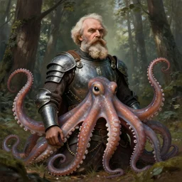 photo of vladimir lenin as humanoid octopus with tentacles beard hybrid were a heroic dress an armour in the forest, highly detailed, digital painting, artstation, smooth, sharp focus, illustration, art by artgerm and greg rutkowski and alphonse mucha