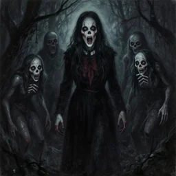 something wicked this way comes, creepy creatures, a dark spooky atmosphere, horrific, lowbrow painting in the style of clive barker and tom savini