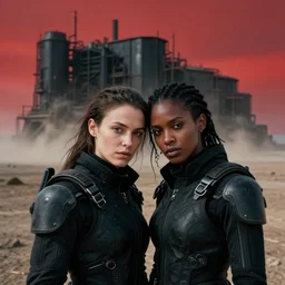 cinestill 5 0 d photographic portrait of two loving clones, women wearing rugged black techwear on a desolate plain with a red sky, closeup, diverse species, cyberpunk, in front of a brutalist dark metal facility, dust storm, 3 5 mm, 8 k, depth of field, high resolution