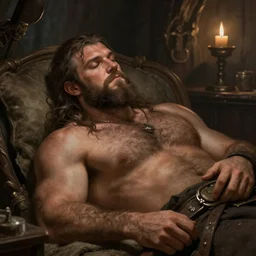 strongmen, hairy, resting on chest, warmth, cozy, wholesome, comforting, love, highly detailed, epic, vikings, rustic, manliness, digital painting, soothing