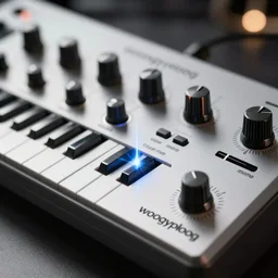 high quality hd macro photo of the new woogyploog synthesizer, utilizing state of the art neural laserbeam synthesis, product shot, crisp defined edges, knobs and dials, 4k photo, promo image, bokeh