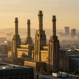 Industrial London cityscape, art noveau, golden fog