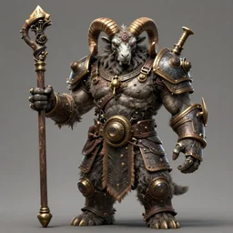 concept art, a giant hairy beast full body warrior with a ram head holding a wooden staff raised, toned muscles, intricate face details, steampunk vibes