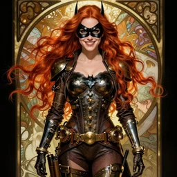 pretty female Karen Gillan steampunk Batgirl DC comics, Jamie McKelvie comic art, art nouveau, Peter Mohrbacher, Alphonse Mucha, sarcastic confident smile, symmetrical eyes, symmetrical face, long red hair, full body