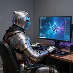 a darc age knight sitting in front of a modern pc playing games, ultra realistic details, trending on artstation, 8 k