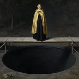beautiful pale golden woman traveler in cloak and black gown by wes anderson standing on the scaffolding above an enormous black pit, by anders zorn, masterpiece by greg rutkowski, intricate, elegant, highly detailed, oil painting, concept art, smooth, sharp focus, illustration, eerie beautiful cinematic, thomas lawrence, gurney,