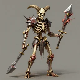 A spiked horned skeleton with armored joints stands with a huge two-handed weapon in his hands. Skull, bones. Extremely high detail, realistic, fantasy art, solo, masterpiece, saturated colors, ripped flesh, art by Zdzisław Beksiński, Arthur Rackham, Dariusz Zawadzki