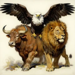a creature with the body and eyes of a man, with the beak of an eagle, the mane of a lion, and the horns of an ox. drawn by frank frazetta
