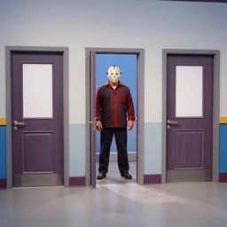 the prize doors on the set of the price is right slide open and reveal jason voorhees standing behind them, set photo, wide angle