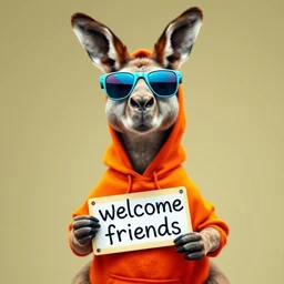 a portrait photo of a kangaroo wearing an orange hoodie and blue sunglasses holding a sign on the chest that says welcome friends