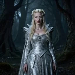 portrait of ((mischievous)), baleful Cate Blanchett as Galadriel as a queen of fairies, dressed in a beautiful silver dress. The background is a dark, creepy eastern europen forrest.  night, horroristic shadows, high contrasts, lumnious, ((mist filters)), theatrical, character concept art by ruan jia, thomas kinkade, and J.Dickenson, trending on Artstation