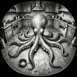 metalengravement, fisheye, naive, extra narrow, detailed illustration of a kitchen, large floor, octopus shaped by rhads from lorax movie, trending artstation, dark mythic fantasy