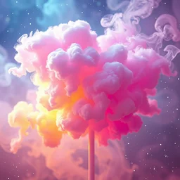 whimsical cotton candy, rainbow colors, swirling smoke, starfield, nebula, iridescent, holographic, psychedelic, photoreal, octane render, 4 k, award winning, trending on artstation