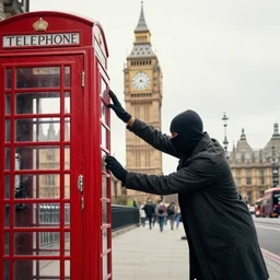 caveman destroying telephone box with Big Ben in background