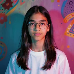 colorful and festive captivating teenager boy with straight long black hair, wearing round glasses and a white t - shirt. rich vivid colors, ambient lighting, dual tone, dynamic lighting, 4 k, atmospheric lighting, painted, intricate, highly detailed by charlie bowater