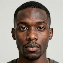 black male photoshoot headshot. 6 small bullet holes on forehead.