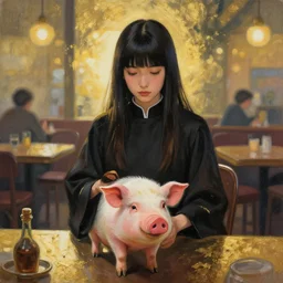 priestess of space pigs in a cafe. gouache and gold leaf by award - winning mangaka, chiaroscuro, bokeh, backlighting, field of depth