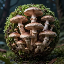 very close macro photo of mushroom growing in a spheroid forest, 3d render, dim nightlight Study, by ruan jia, 8k, extreme detail
