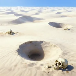 Bone desert. White sand dunes. Human and animal bones. blindingly bright, sinkholes, anime, a fantasy digital painting by Greg Rutkowski and James Gurney, trending on Artstation, highly detailed