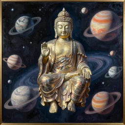 giant Buddha floating among the planets in the solar system, oil on canvas, intricate, 8k highly professionally detailed, HDR, CGsociety