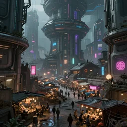 an intricate concept art of a market slum inside a megastructure city, cyberpunk neon light district, sci-fi, cinematic lighting, hyper realistic, art by dylan cole, detailed matte painting, digital art,  sci-fi film color palette
