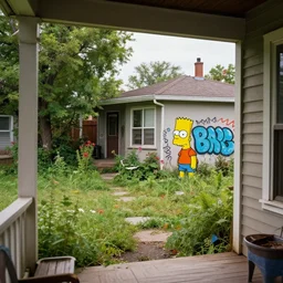 poor neighborhood, overgrown, liminal, photo taken from a porch, bart simpson graffiti