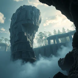 trees and brutalist concrete in the distance with a foreground of tall swirling spiral vortex rocky structure, dramatic lighting, mist, hyper detailed, digital art, trending on artstation, cinematic lighting, smooth render, octane render, art style by ruan jia and greg rutkowski and peter mohrbacher and wlop and krenz cushart