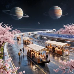 floating wet renaissance venice market with vendors on a luxurious road on interstellar solar system with nearby planets seen from the distance, advanced highway, star trek style, by peter mohrbacher, jeremy mann, greg rutkowski, android james, ross tran, beautiful, award winning scenery, 8 k quality, clean details, serene, sakura season, octane render