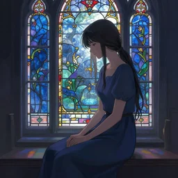 a digital painting of a woman sitting in front of a window, a storybook illustration by ike no taiga, featured on pixiv, magic realism, nightscape, pixiv, stained glass