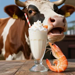 a well dressed milkshake next to a brilliant shrimp, in the mouth of a cow, hyper realistic, sharp focus, hyper - detailed, 8 k resolution