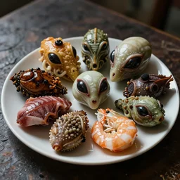 a beautifully photographed plate of strange and disturbing alien foods, magazine photography,