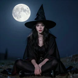 portrait of a young witch sitting on the ground with a full moon in the sky overhead, highly detailed, by frank frazetta and boris vallejo