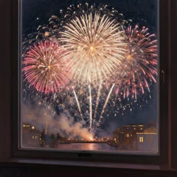 breathtaking fireworks seen from a window, concept art, trending on artstation, wlop, ross draws, digital painting, mixed media, intricate details, volumetric lighting