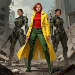 character desing concept art beautiful women cybersoldiers wearing, red top, green cargo pants, long tailored yellow coat in a ruined city by rossdraws, greg rutkowski, artgerm, jparked, artstation, intricated, detailed, octane rendered, epic scene