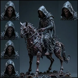 photo taken of an epic intricate, ultra detailed, super realistic gritty, wet, slimy, lifelike sculpture of a nightmarish hellish humanoid hooded grim reaper on his steed, creature designed and created by weta workshop, menacing, some zoomed in shots, photorealistic, sharp focus, extremely cold blueish colour temperature, f 0. 4, full body shot