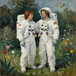 a painting by grant wood of an astronaut couple in a garden