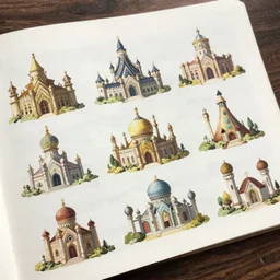 detailed page scan of encyclopedia color illustrations : : fantasy architecture, diagrams showing various fantasy architecture styles, insanely detailed, informative texts and graphs