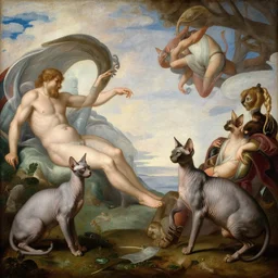 anthropomorphic sphynx cats in the creation of adam painting by artgerm, sphynx cats, creation of adam, masterpiece