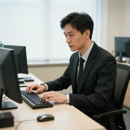 a man wearing a black suit working in his office by greg rutkowski